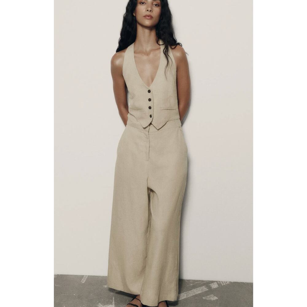 Zara Wide Leg Linen Blend Vest V-Neck top jumpsuit / sand / tan / halter sz M